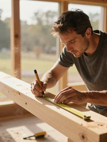 A close-up of a carpenter carefully measuring a reclaimed wood beam inside a bright, sunlit house under construction, soft dust motes in the warm air.