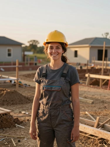 A warm medium environmental portrait of a local female construction apprentice smiling on an active, clean community build site under soft golden-hour daylight.