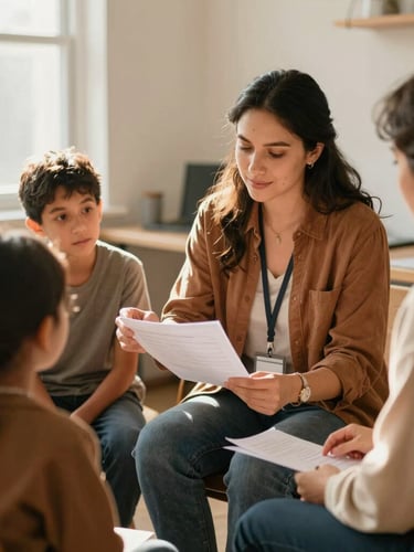A warm environmental portrait of a female housing coordinator sitting with a family in a bright, sunlit office, reviewing documents together.