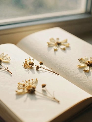 Close-up of an open antique journal with dried flowers pressed between its pages, soft, diffused golden-hour light, natural shadows, 35mm film aesthetic.
