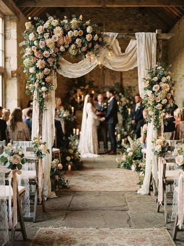 Wide shot of a vintage wedding aisle, an antique floral arch at the end, soft golden-hour light, delicate lace draping, weathered wooden chairs, shallow depth of field.