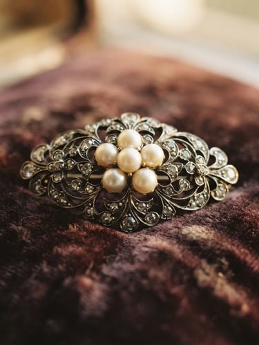 Close-up of an antique pearl and diamond brooch on a velvet cushion, soft golden-hour window light, shallow depth of field, muted antique tones, 35mm film.