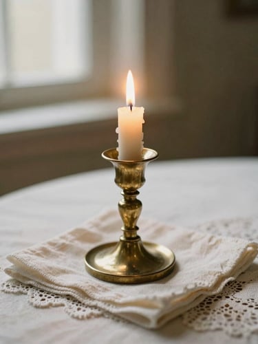 Portrait-oriented close-up of a vintage brass candlestick with a lit candle, illuminating a delicate lace tablecloth and linen napkin, warm diffused golden light, shallow depth of field.