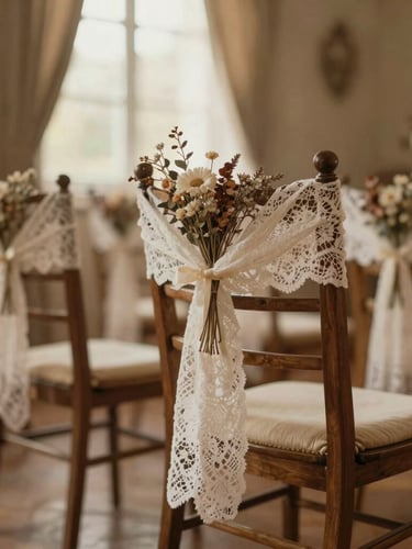 Portrait shot of a beautifully decorated wedding aisle, seen from a low angle, soft focus on an antique wooden chair adorned with lace and dried blooms, warm diffused light, intimate and poetic atmosphere.