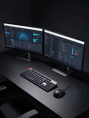 Wide-angle overhead shot of a developer workspace — dual monitors displaying a dark-themed web application dashboard, mechanical keyboard and mouse on a matte black desk, cool studio lighting casting clean shadows, deep blacks in the background