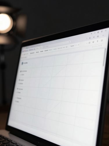 Close-up of a browser window on a dark monitor displaying a sleek SaaS dashboard interface, geometric grid lines visible on screen, cool studio light from the left, deep black background, sharp product UI detail