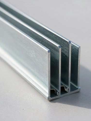 Extreme close-up of a perfectly aligned metal stud profile for drywall under bright natural daylight, sharp focus on clean steel edges.