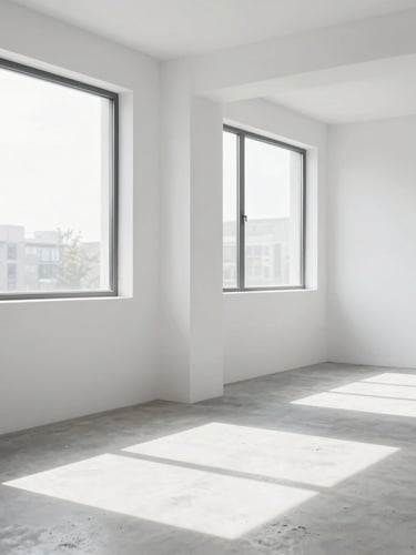 Bright natural daylight streaming through large windows of a newly finished room, pristine white drywall joints perfectly sanded, dust-free concrete floor, clean architectural lines, minimalist space, 35mm lens