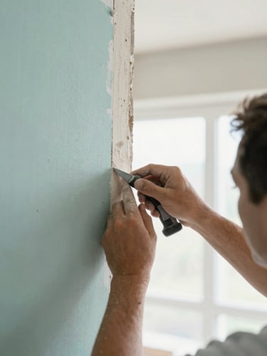 Extreme close-up of a professional craftsman neatly applying plaster to a drywall joint, bright daylight, dust-free orderly workspace