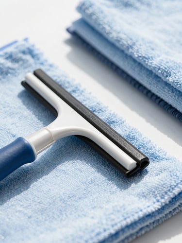 Extreme close-up of neatly organized professional cleaning tools, squeegee, microfiber cloths, bright natural daylight, high-contrast, cool tones
