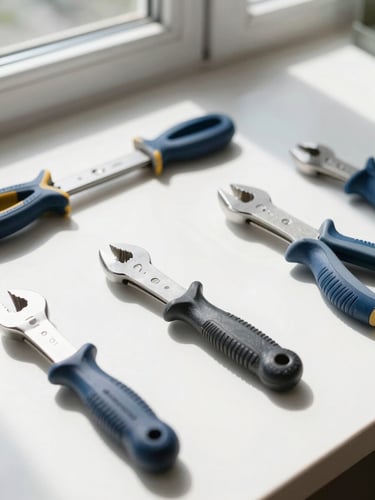 Close-up of clean, neatly organized hand tools on a pristine work surface, bright natural daylight streaming from a window, sharp focus, architectural precision
