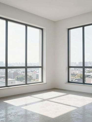 Bright architectural interior photography of a newly renovated room, natural daylight streaming through large clean windows, pristine dust-free surfaces, sharp focus