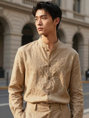 Model in unforced pose wearing a structured warm sand linen outfit, soft natural afternoon light from the side, urban architectural background, 35mm lens