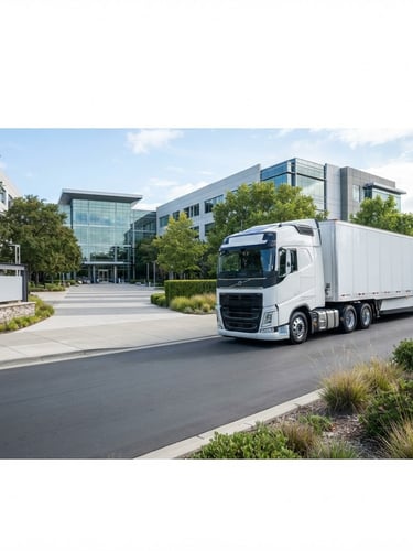 Wide panoramic shot of a modern, clean, branded logistics truck parked at a corporate office park entrance, bright cool-toned daylight, sharp focus, 35mm