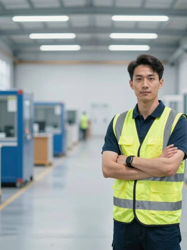 Portrait of a professional logistics team member in high-visibility safety gear, standing confidently in a modern, clean warehouse environment with organized equipment, bright cool-toned daylight.