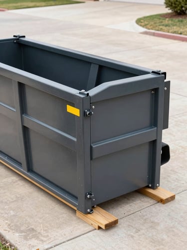 Close-up of a roll-off dumpster being placed on wood boards on a clean concrete driveway, bright Texas daylight, showing attention to detail