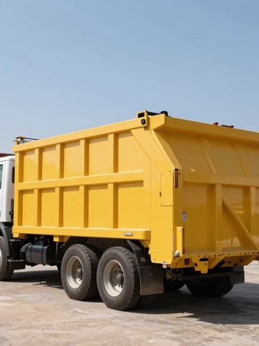 Low-angle heroic shot of a heavy-duty yellow dumpster delivery truck parked at our North Austin yard, bright Texas daylight, sharp focus, industrial utility photography.