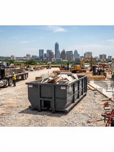 Wide-angle shot of a clean roll-off dumpster on an active, organized construction site in Austin, Texas, under bright Texas sunlight, with a heavy-duty delivery truck partially visible in the background, low horizon.