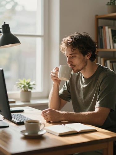 Plan medio de un profesional independiente trabajando en un escritorio de madera ordenado, luz natural suave de mañana entrando por la ventana, sosteniendo una taza de café, ambiente de calma y concentración.
