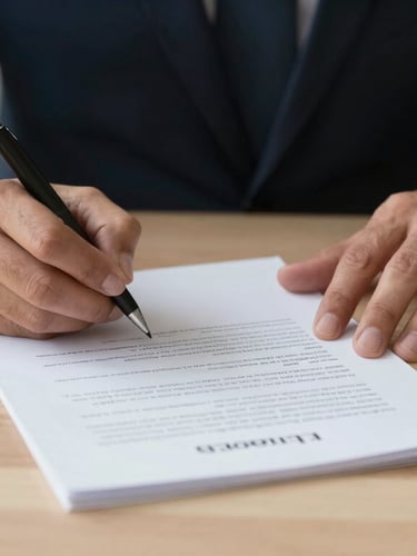 Detalle de manos firmando un documento sobre una mesa limpia de madera clara, luz natural difusa, ambiente sobrio e institucional.