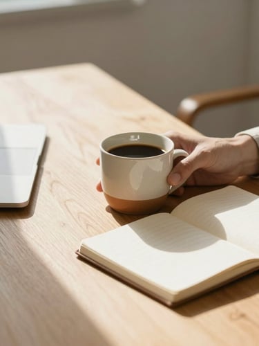 Minimalist bright office morning light, hands holding a warm ceramic coffee cup next to an open notebook on a clean wooden desk, soft shadows.