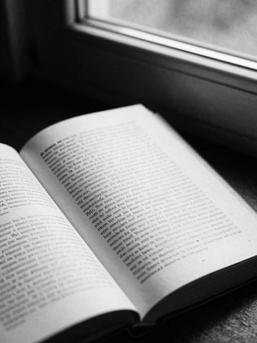 Stark black and white photography, dramatic side-lit window light, close-up of open books with dense marginalia on textured paper, 35mm film grain