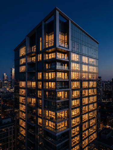 Close-up architectural twilight photography of a modern luxury high-rise corner with warm gold window light, deep navy sky, 35mm lens.