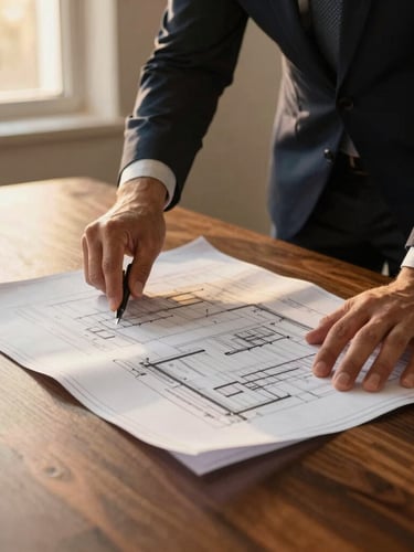 Hands reviewing blueprints and structural legal documents on a dark oak boardroom table, warm side lighting, professional atmosphere.