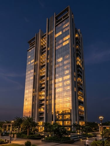Architectural twilight photography of a modern luxury high-rise in Gurgaon, warm golden-hour sunlight reflecting on floor-to-ceiling glass facades, sharp vertical lines, 35mm lens.