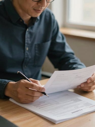 Focused professional negotiator at a clean desk, reviewing paper utility bills under warm window light, holding a pen, 35mm editorial photography