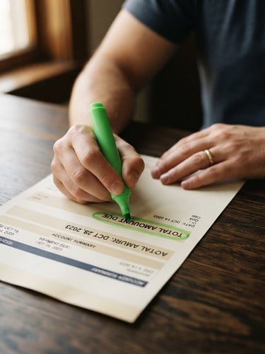 Close-up of a physical utility bill on a dark wooden table, a hand holding a green highlighter marking a high monthly total, soft natural window light, 35mm.