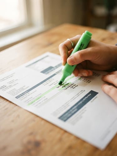 Close-up of a physical utility bill on a warm wooden table, a hand holding a green highlighter marking a high rate, soft window light, 35mm photography