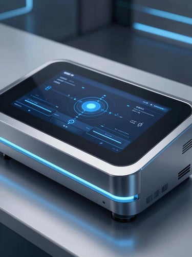 Sleek close-up of high-end office automation equipment and digital interface, sharp glass reflections, cool blue light streaks, dark professional background