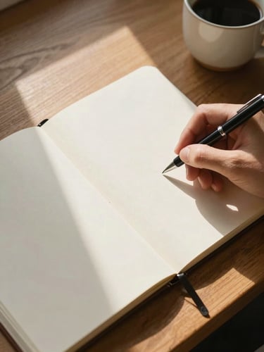 Close overhead view of a notebook open on a wooden desk, a hand resting with a pen mid-sentence, soft natural window light raking across the page, a ceramic coffee cup at the edge of frame, warm cream and brown tones