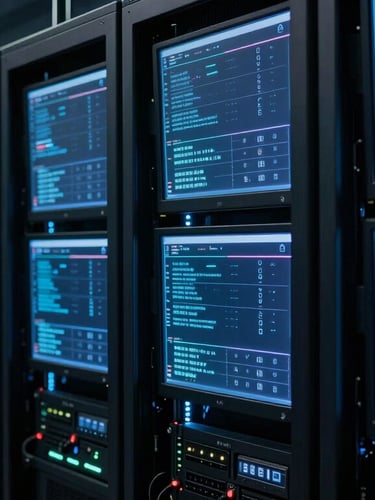 Dark technical photography of a modern data center control room, glowing blue terminal monitors showing system metrics, sharp focus, 50mm.