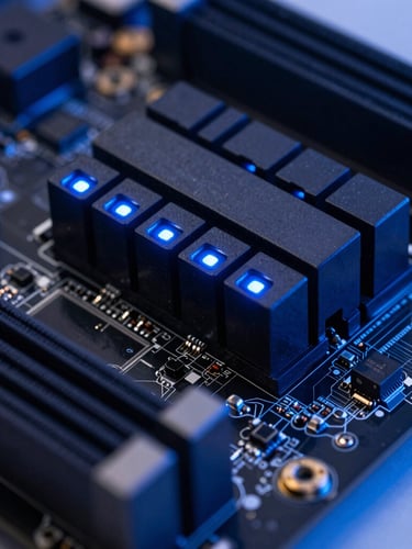 Macro close-up of high-performance server motherboard, electric blue LED indicators, deep slate gray heat sinks, cool studio lighting, sharp focus, 50mm