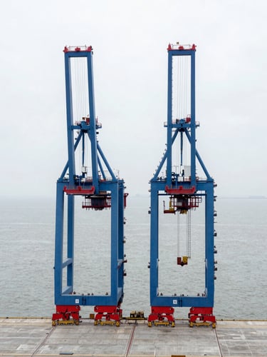 High-angle architectural aerial view of a deep-water container terminal, cool blue steel cranes, sharp crimson red telemetry markers on concrete docks, overcast daylight, symmetric composition