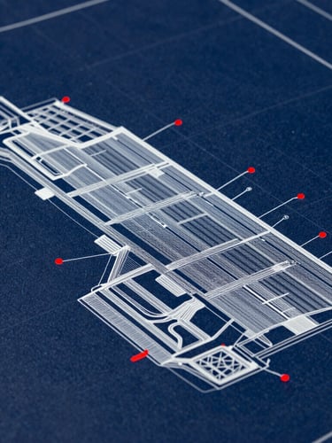 High-angle architectural blueprint of deep-water port layout, technical white lines on dark navy grid, crimson telemetry indicators, minimalist drafting aesthetic, macro shot.