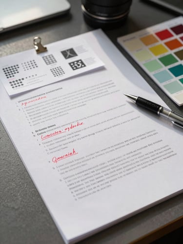 Close-up detail shot of a marked-up creative brief on a desk — red pen annotations, typographic samples pinned above, a color swatch card in the corner, crisp studio daylight from the left, no person visible