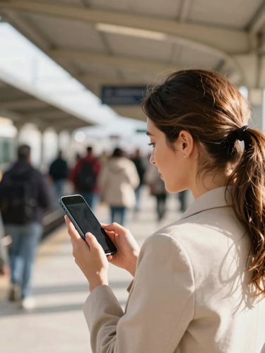 An over-the-shoulder shot of a professional woman practicing Spanish on her phone in a busy transit station, bright natural daylight, warm optimistic cast