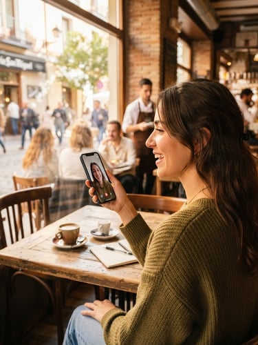 Over-the-shoulder shot of a modern learner in a bustling sunlit Madrid cafe, speaking confidently into a smartphone, warm optimistic tones, shallow depth of field