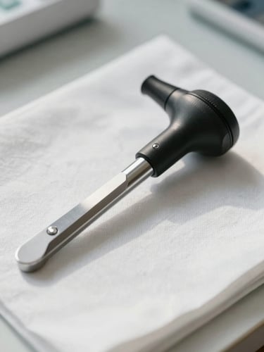 Macro shot of a professional medical tuning fork and otoscope resting on a clean white linen surface in a sunlit clinic, soft Mediterranean light.