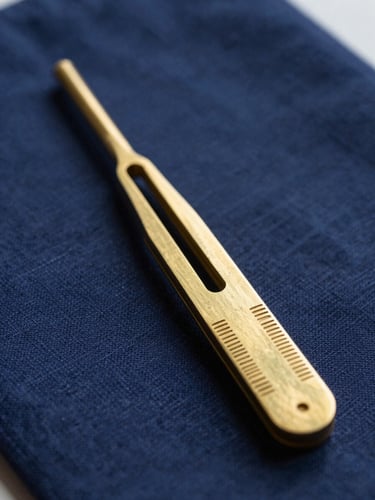 Macro portrait of clinical diagnostic tools, soft natural daylight illuminating a brass tuning fork on a dark blue linen surface, peaceful atmosphere