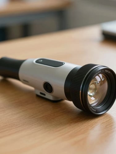 Close-up of a high-precision clinical otoscope resting on a clean wooden desk, soft natural light, warm professional atmosphere.