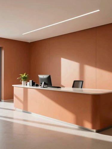 Wide panoramic view of a bright, modern medical office in Puglia, warm sunbeams casting soft shadows on terracotta-colored walls, minimalist aesthetic