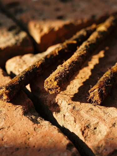Dramatic close-up of hand-rolled incense sticks resting on warm terracotta tiles, deep side shadows, golden afternoon light, 35mm photography