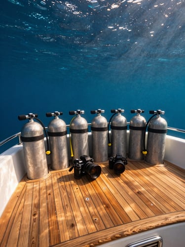 A pristine teak dive deck of a luxury yacht with organized scuba tanks and professional camera gear resting on a dry table at golden hour