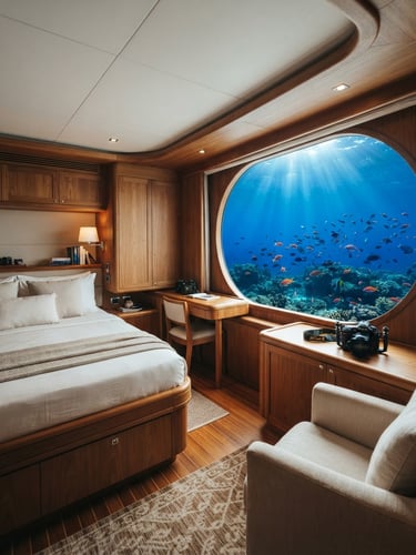 Cinematic wide-angle of a luxury liveaboard cabin interior with teak wood finishes and a large window looking out at deep blue ocean water
