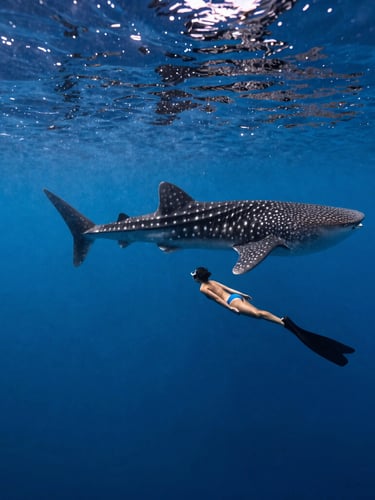 A professional diver executing perfect buoyancy next to a massive whale shark, deep blue water with shafts of sunlight.