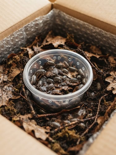 Detailed macro photography of a shipping box interior, showing insulated lining, damp oak leaf litter nest, and a clear container of active zebra isopods under warm diffused light, shallow depth of field, 100mm lens